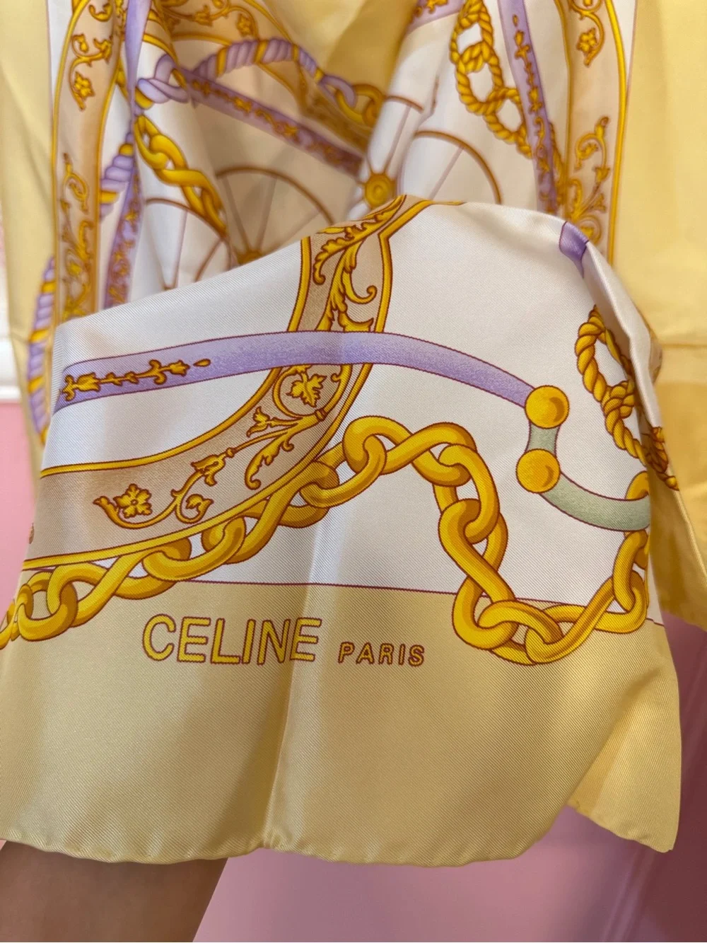 Celine Yellow and Lavender Chain Motif Silk Scarf
